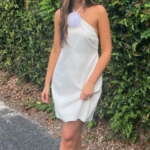 WAYF Lilibet Flower Embellished Halter Minidress, White, Medium